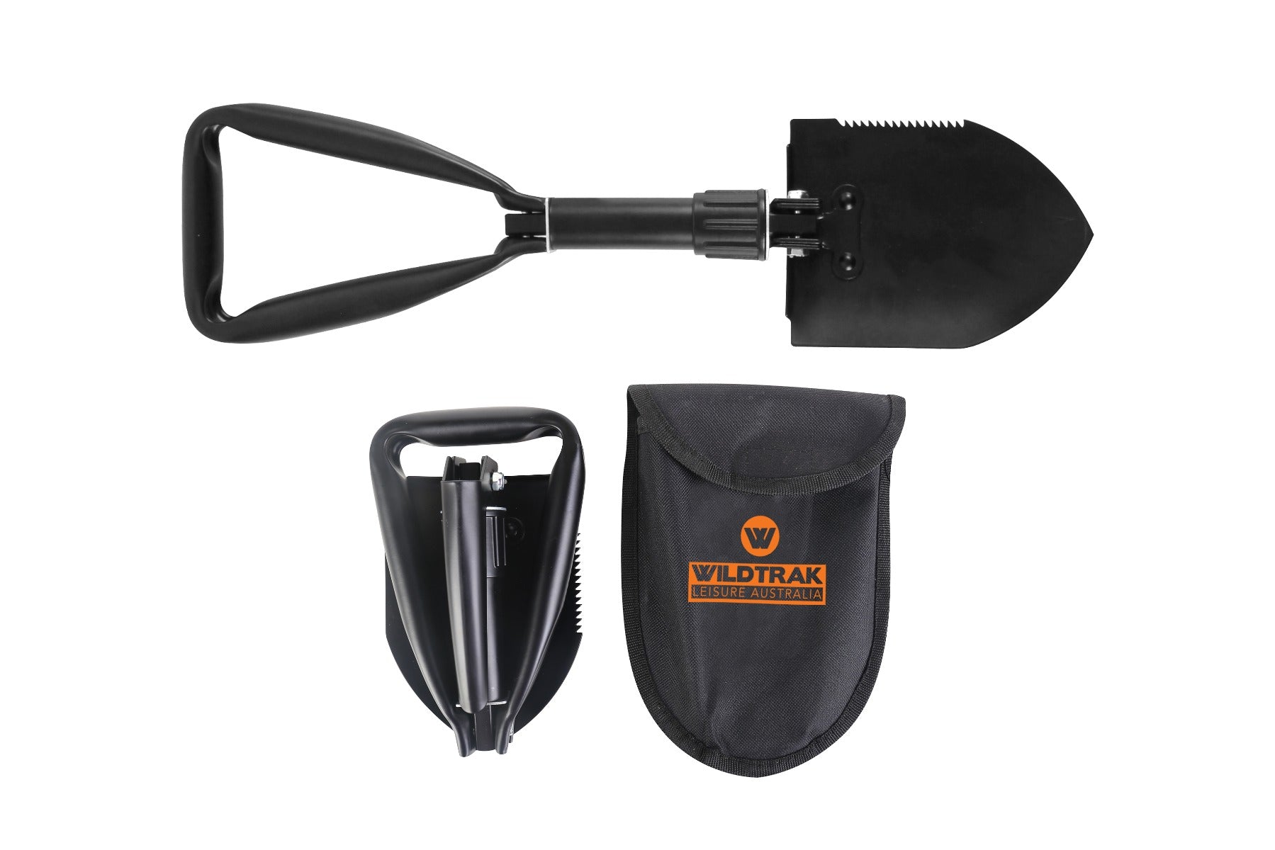 FOLDING SHOVEL WITH PICK AXE AND POUCH
