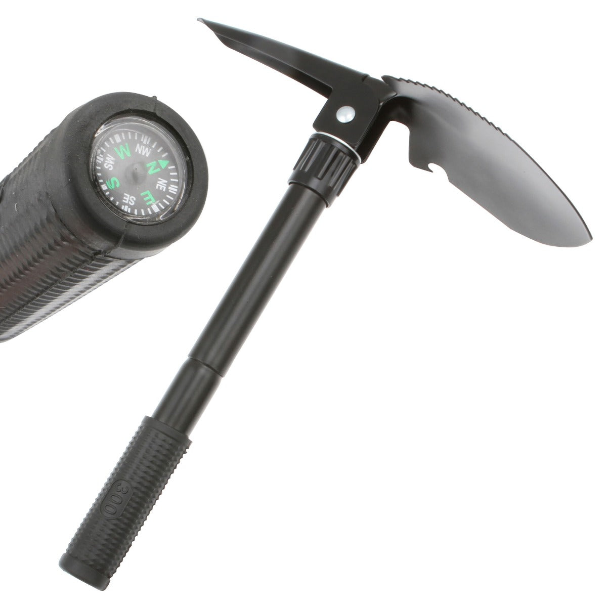MULTI PURPOSE CAMP TOOL WITH SHOVEL PICK and COMPASS