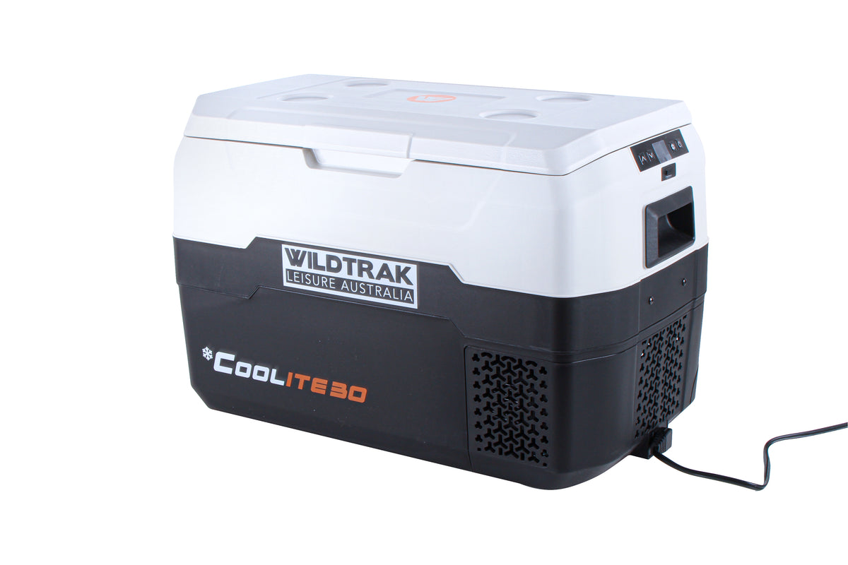 Wildtrak™ Coolite 30L Portable Fridge/Freezer, Simple Control Buttons, LED Lights, Fast Freezing, USB Charging, Quality Compressor, Low Noise, 4 Cup Blow Mould Top, 12/240V Power Leads,  Built-in Tie Down Points, Heavy Duty Transit Bag