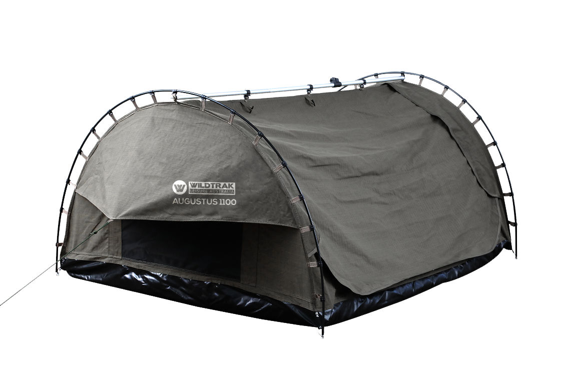 Augustus 1100 Easy Setup Swag 400gsm Heavy Duty Ripstop Canvas, Ultra Fine Mesh, Aluminium Poles, High Density Foam Mattress, Weatherproof, Durable, Carry Bag with Handles 110x215cm